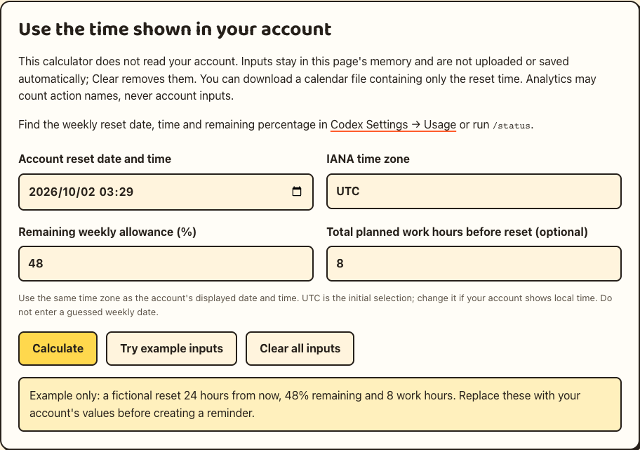 Calculator filled with fictional 48 percent remaining, 8 planned hours and UTC reset time