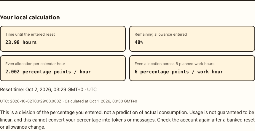 Example calculation showing 6 percentage points per planned work hour and the UTC timestamp